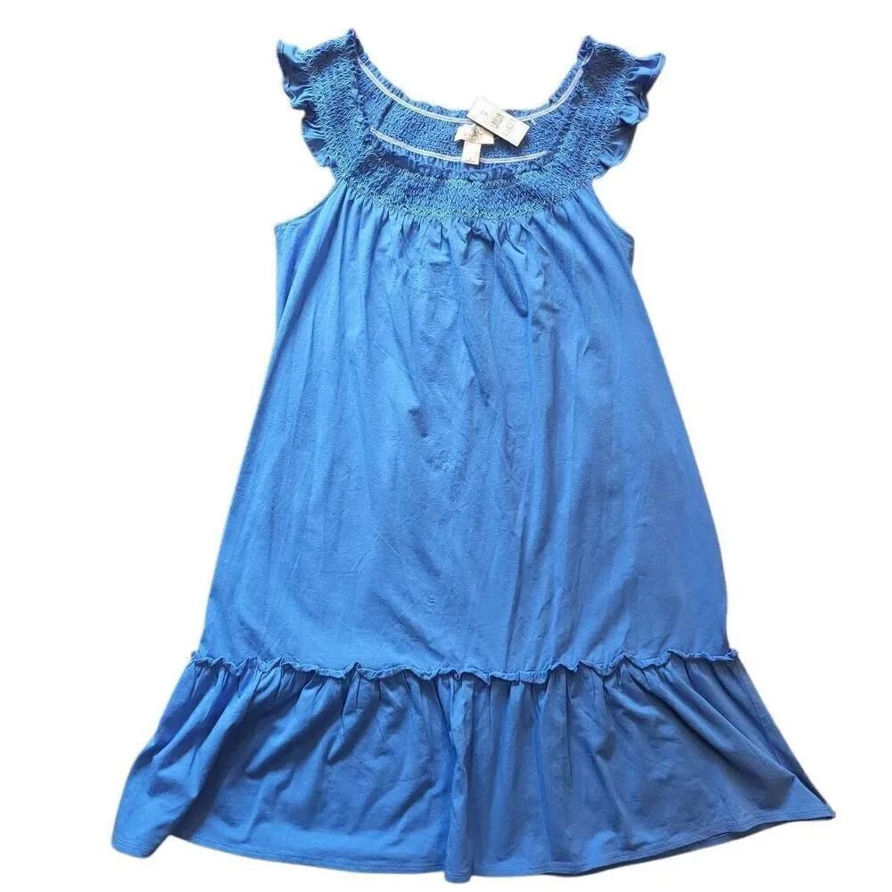 NWT LOFT Dress Women's Small Blue Midi Flutter Sleeve Smocked Cotton Summer